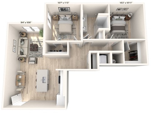 Floor plan for 2 beds, 1 bath, 967 sqft